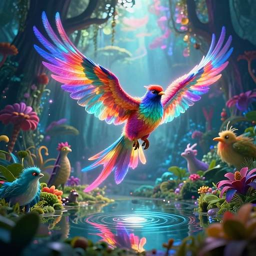 Luminous Avian Flight Over Surreal Forest