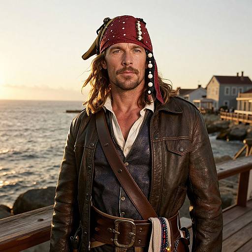 Photograph of a rugged, bearded man with long hair, wearing a red bandana, leather jacket, and brown vest, standing on a wooden
