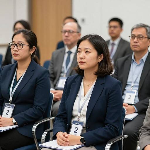 Photograph of four business professionals, two women and two men, in formal attire, seated in a conference room, wearing lanyards with IDs.