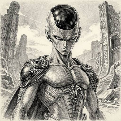 Digital black-and-white drawing of a muscular, androgynous alien with a glossy dome head, intricate armor, and intense expression, standing in a