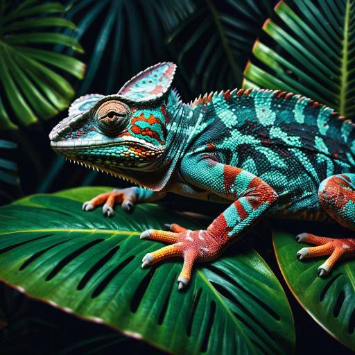 Colorful Chameleon on Tropical Leaf