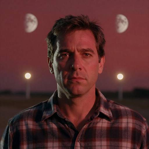 Serious man in plaid shirt with red sky and moons background