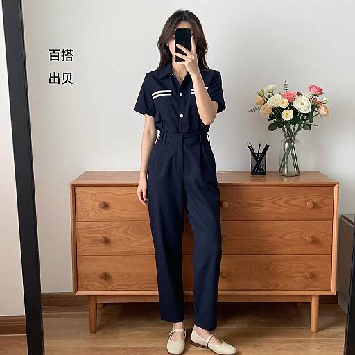 Woman in Navy Blue Jumpsuit Mirror Selfie