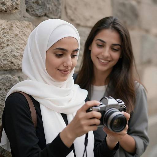 Smiling Women with Camera by Stone Wall