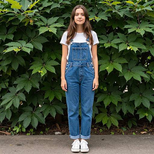 Girl in Blue Overalls by Tree