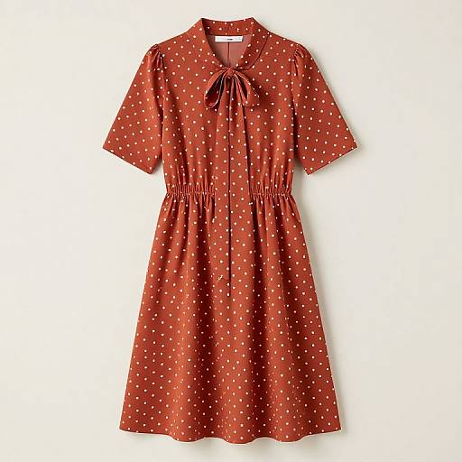 Photograph of a short-sleeved, rust-colored dress with white polka dots, a small bow at the neckline, and a gathered waist,