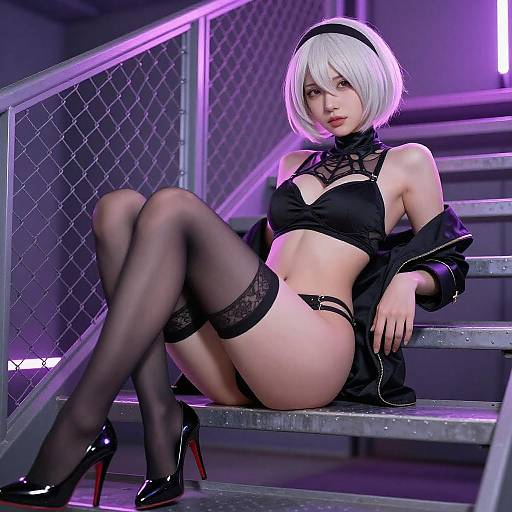 Neon Noir Woman on Metal Stairs