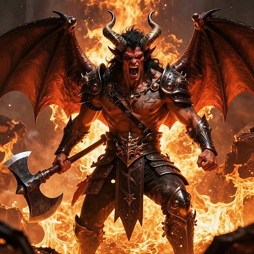 Fierce Muscular Demon in Fiery Battle