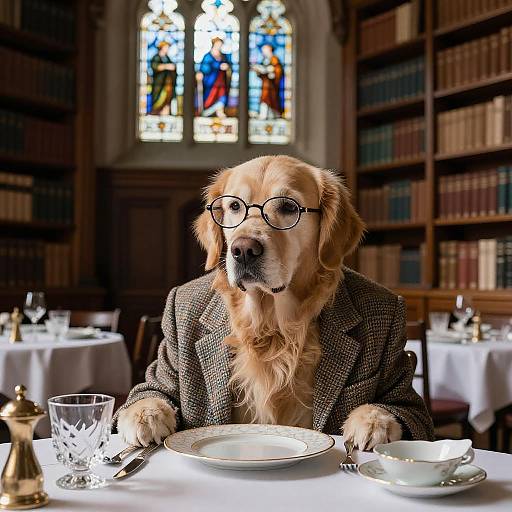 Golden Retriever in Tweed Jacket at Dining Table