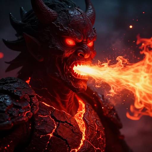 Digital artwork of a fierce, black-scaled dragon with glowing red eyes, roaring fire from its mouth, crackling lava on its chest, set against