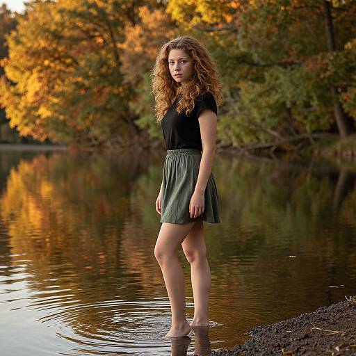 Photograph of a young woman with curly brown hair, wearing a black top and green skirt, standing in a calm autumnal lake, surrounded by vibrant