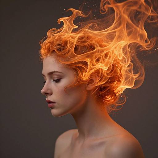 Photograph of a fair-skinned woman with fiery red-orange flames replacing her hair, against a dark gray background, profile view, bare shoulders.
