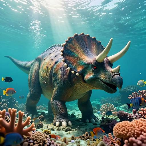 Photorealistic digital artwork of a colorful, horned, dinosaur-like creature with textured scales standing on a vibrant underwater coral reef, surrounded by various fish