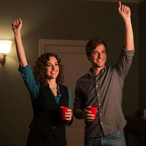Smiling Duo in Dimly Lit Room