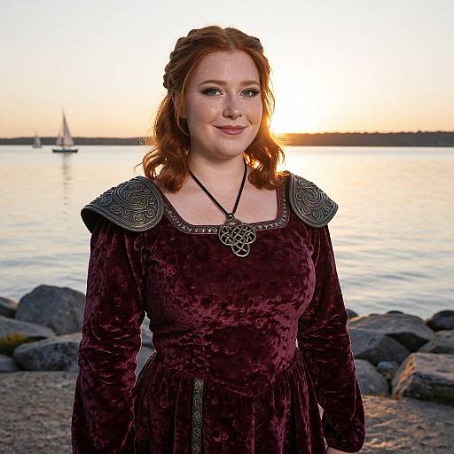 Photograph of a fair-skinned, red-haired woman with freckles, wearing a velvet, dark purple dress with ornate shoulder details, standing