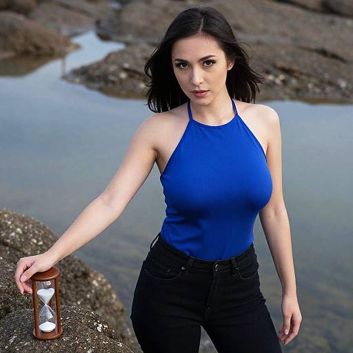 Photograph of a young woman with fair skin and dark hair, wearing a blue halter top and black pants, holding a sand hourglass against a