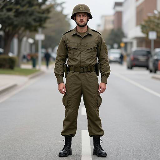 Photograph of a serious male soldier in green uniform and helmet standing on a suburban street, with blurred background and cars.