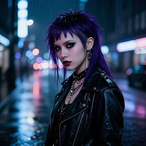 Photograph of a gothic punk woman with purple hair, black leather jacket, and heavy makeup, standing in a rainy, neon-lit city street