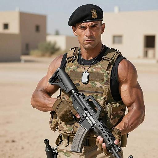 Muscular Soldier in Sunlit Desert