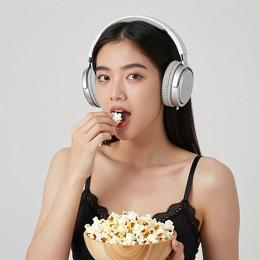 Asian Woman Eating Popcorn with Headphones