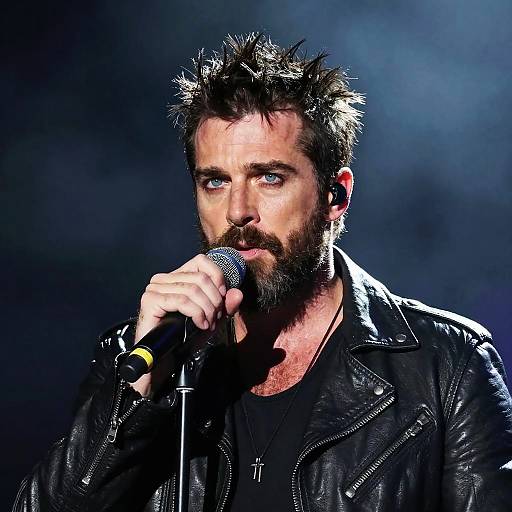 Photograph of a bearded, blue-eyed man with spiky black hair, wearing a black leather jacket, singing into a microphone on stage with a