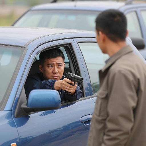Dramatic Street Scene with Blue Car