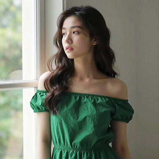 Photograph of an Asian woman with long, wavy black hair, wearing an off-shoulder green dress, standing by a bright window, looking
