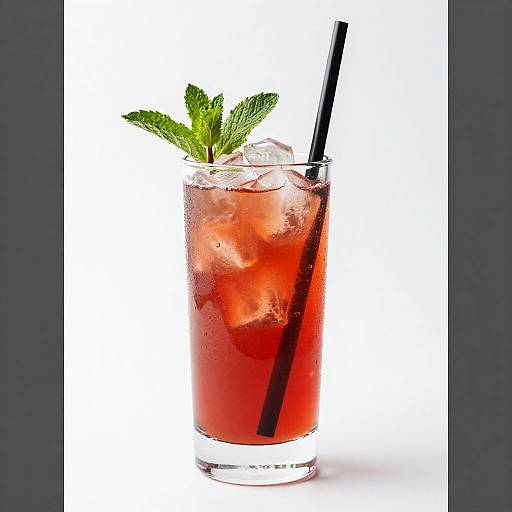 Photograph of a red cocktail in a clear glass, filled with ice cubes, a black straw, and garnished with a green mint leaf, against