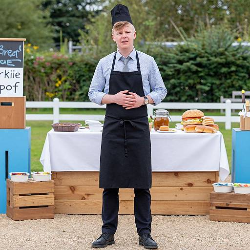 Photograph of a young male chef in black apron and hat, standing in front of a wooden table with burgers and jars, outdoor market setting.
