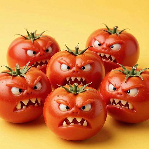 Five angry, cartoonish red tomatoes with sharp teeth and glaring eyes against a bright yellow background, arranged in a cluster. Photorealistic digital illustration.