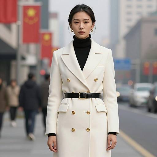 Asian Woman in White Double-Breasted Coat on City Street