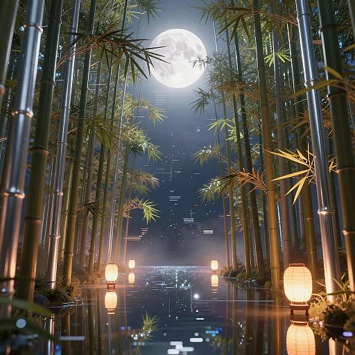 Nighttime bamboo forest illuminated by glowing lanterns under a full moon, with city lights visible in the distant background. Photorealistic digital art.
