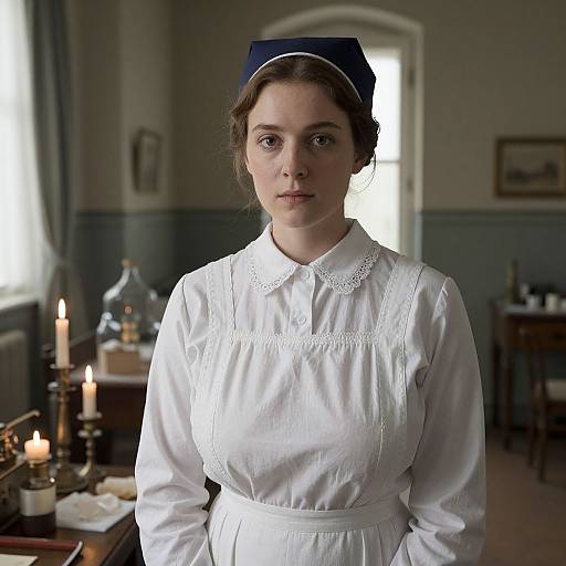 Photograph of a young Caucasian woman with fair skin and brown hair, wearing a white Victorian maid dress and blue cap, standing in a dimly lit