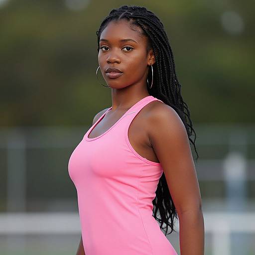 Photograph of a young Black woman with long braided hair, wearing a bright pink tank top and large silver hoop earrings, standing outdoors with a blurred