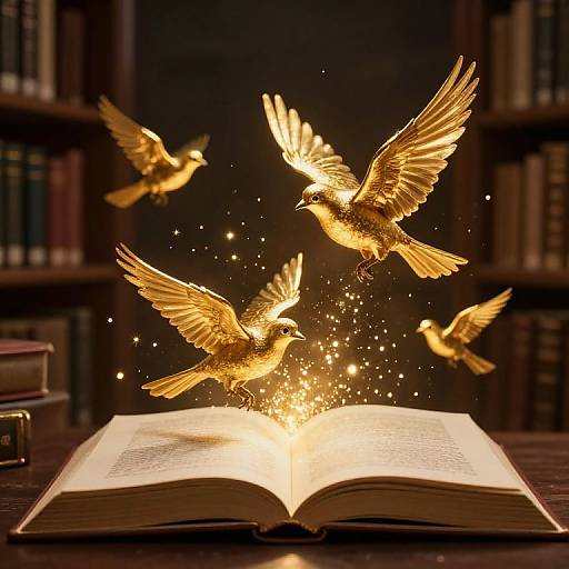 Photograph of four golden birds with glowing feathers flying above an open book on a dark wooden table, surrounded by sparkles. Library background with blurred book