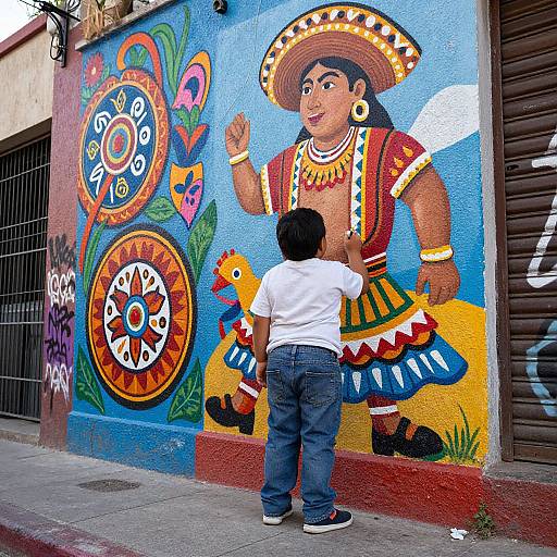Photograph of a young boy in a white shirt and jeans touching vibrant mural of Aztec-inspired deity with colorful headdress and yellow duck. Urban street