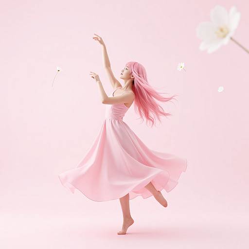 Digital anime-style drawing of a pink-haired woman in a flowing pink dress, barefoot, reaching up with one arm, set against a bright white background