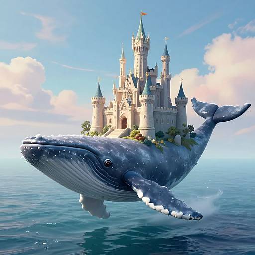 Whimsical digital artwork of a massive blue whale carrying a fairytale castle on its back over a calm ocean under a bright blue sky.