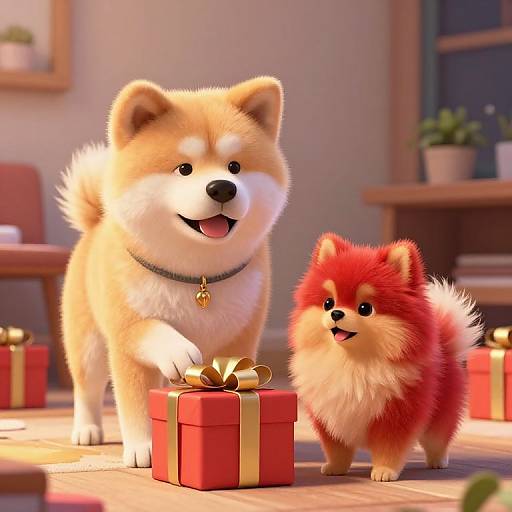 Cozy Pixar-Style Dogs Preparing Gifts