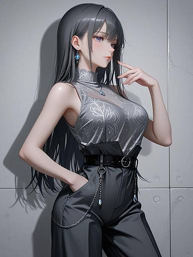 Anime Woman in Slate Grey Jumpsuit