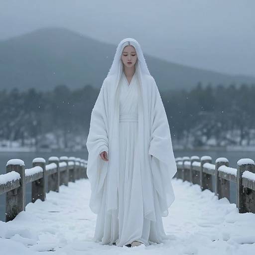 Photograph of a pale, young woman in a long white robe and veil standing on a snowy, wooden bridge with mountains and trees in the background,
