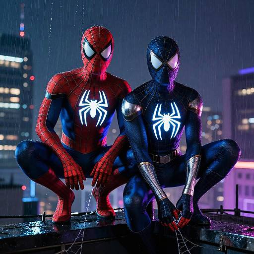 Neon-lit Spidermen Duo Rooftop
