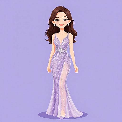 Digital illustration of a smiling woman with long brown hair, wearing a sparkling, sleeveless, white gown with a deep V-neck, standing against a solid