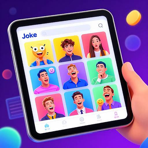 Photograph of a hand holding a tablet displaying a colorful 