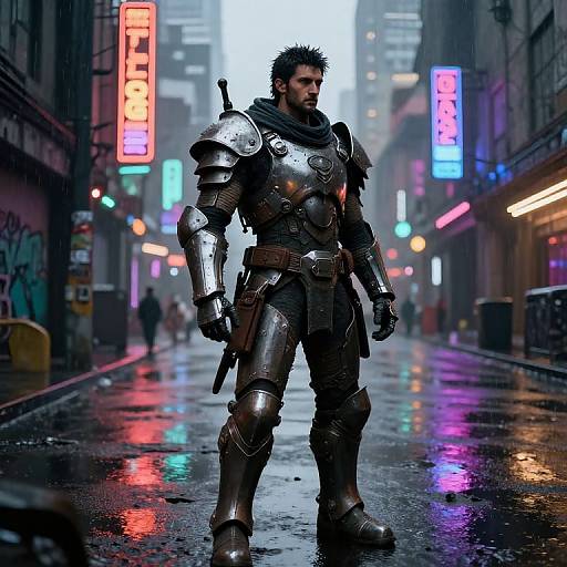 Cyberpunk photograph: Muscular, bearded man in shiny silver armor stands on a rain-soaked neon-lit city street, glowing signs in