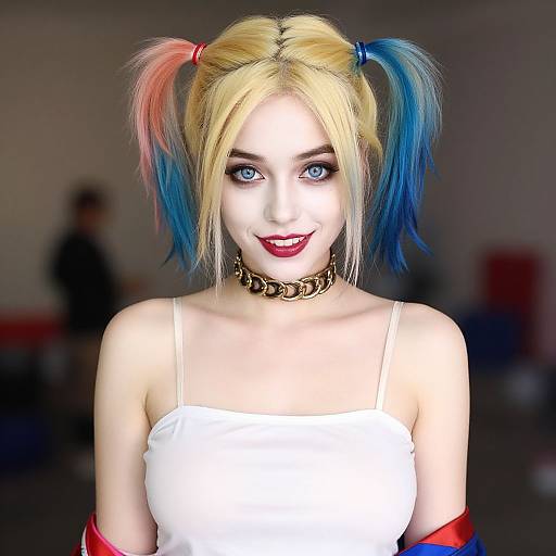 Photorealistic digital portrait of a young woman with blonde and blue pigtails, white tank top, red lipstick, black choker, and red