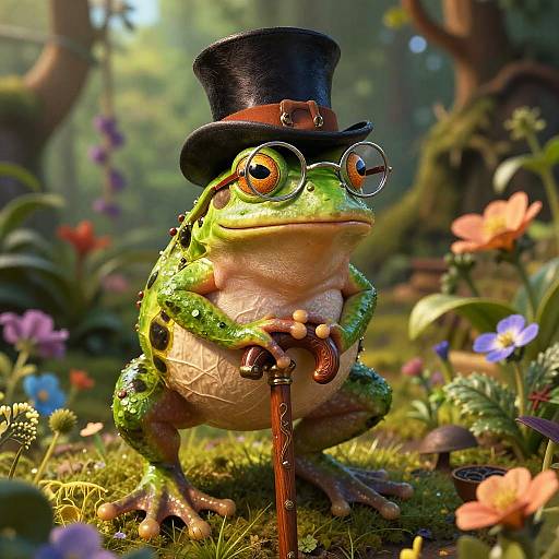 CGI image of a green frog wearing a black top hat, round glasses, and a cane, standing in a vibrant forest with colorful flowers.
