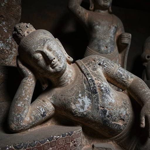 Photograph of a weathered, dark bronze Buddha statue lying in a relaxed pose, with another partially visible statue in the background. The statues show significant