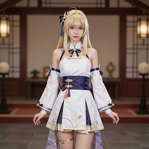 Anime-style digital artwork of a blonde girl in a white and navy blue, ornate, sleeveless dress with gold accents, standing in a traditional Japanese
