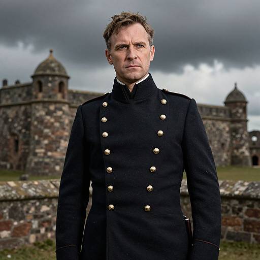 Photograph of a stern-looking middle-aged man in a black double-breasted military uniform with gold buttons, standing in front of a stone castle with a